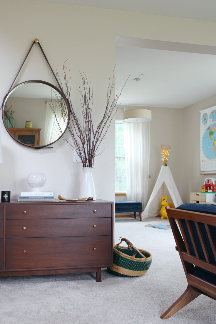 Blogger Home Tour /// House Of Hipsters /// Living Room with a Mid Century Modern and Bohemian style and look. Playroom with teepee. Click thru to read more.