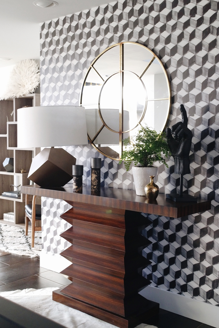 Amazing entryway with black and white geometeric wallpaper. Seattle Showhouse. Interior design by Decorist with ATGstores.com and Porch. Click to see more of the house on House Of Hipsters blog.