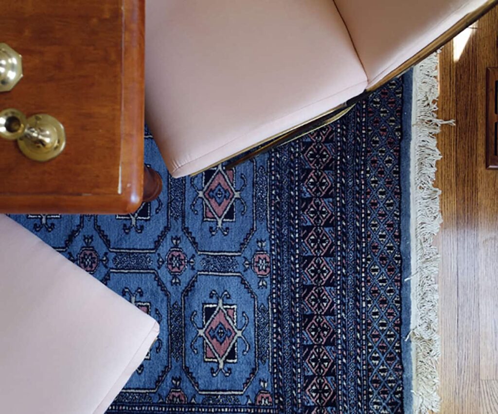 Vintage bokhara rug in dining room