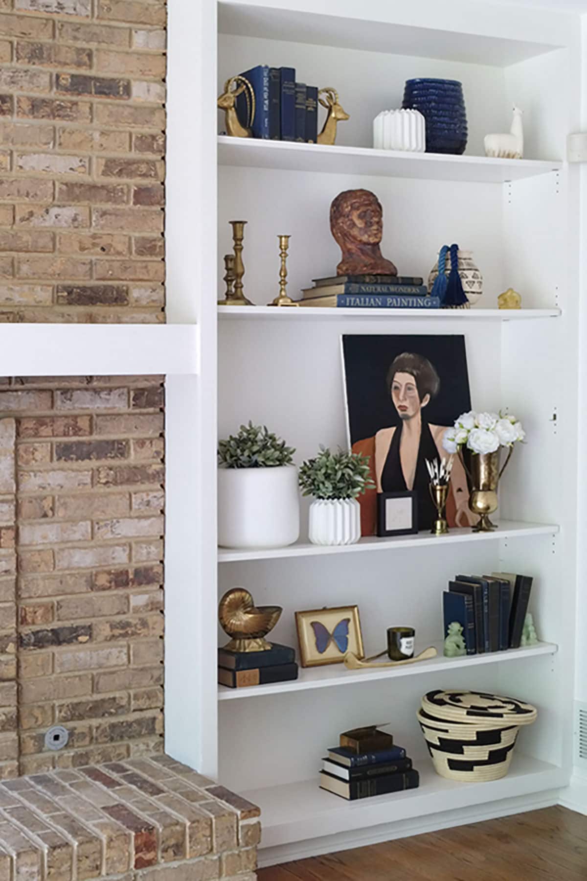 Blogger Home Tour shelf styling with brick fireplace