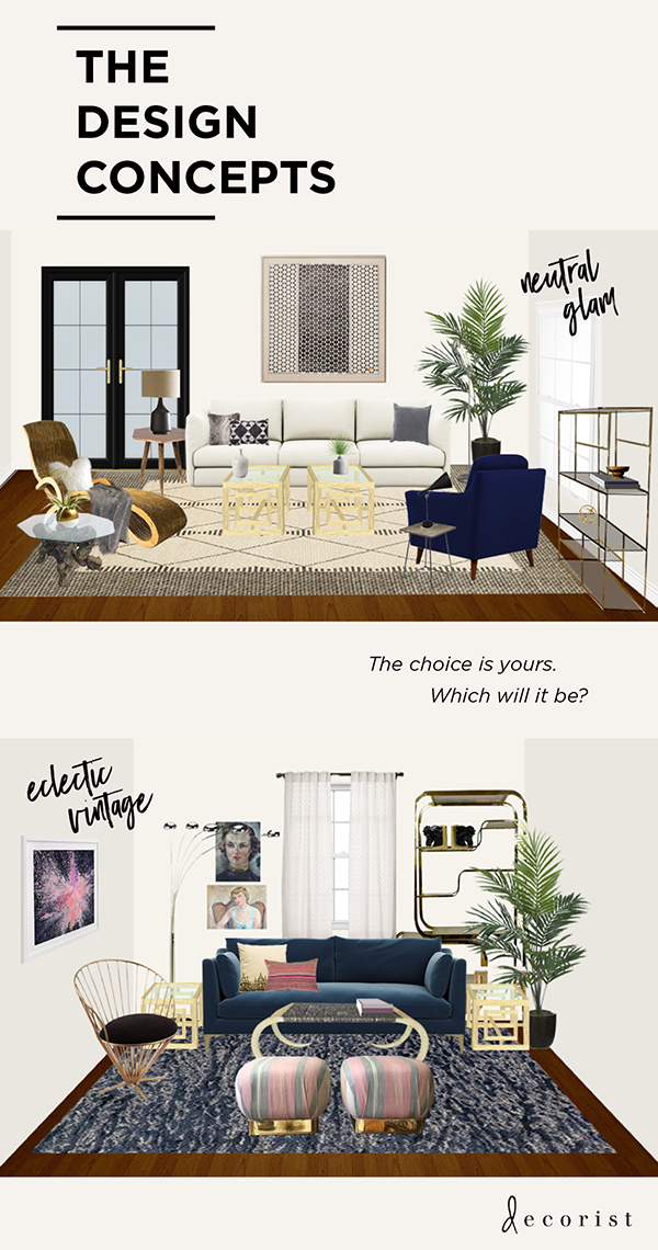 Decorist DesignOff with House Of Hipsters and Jojotastic. Living Room Virtual Interior Design. Makeover. Eclectic Vintage and Neutral Glam.