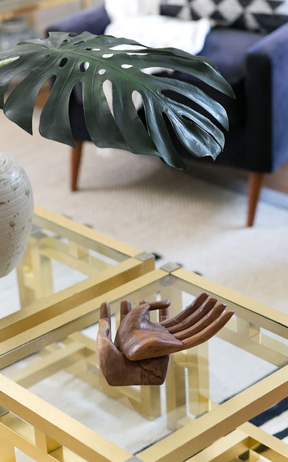 vintage wooden hands - Modern Boho Living Room Makeover