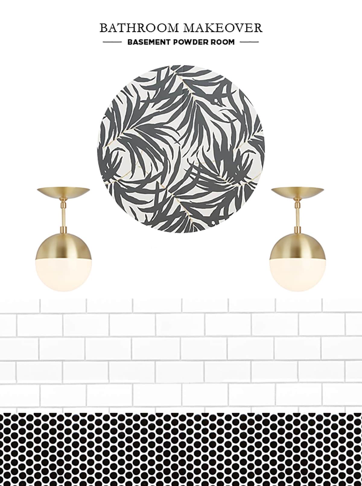 Basement bathroom renovation - bathroom makeover design mood board with black and white wallpaper