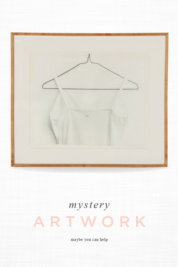 A plain white tank top hanging on a wire coat hanger with a "M" on a tag sticking out of it. No color. Black and white pencil drawing.