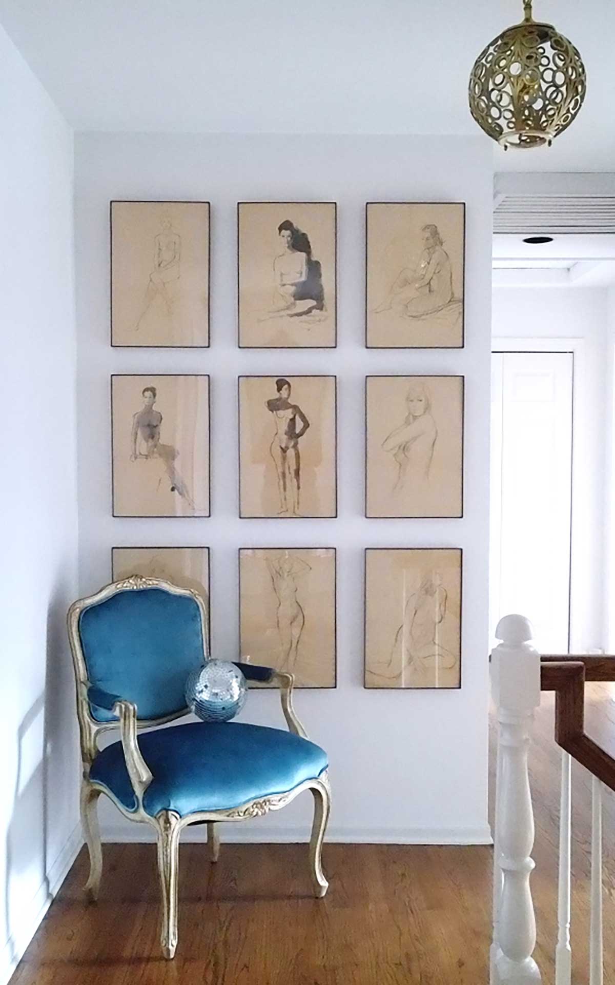 framing vintage nude sketches for hallway