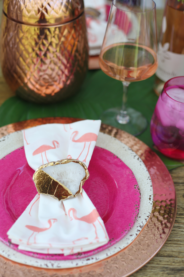 Outdoor Entertaining in the Neighborhood - Flamingo print napkins and Geode napkin rings #Pier1BlockParty #pier1love