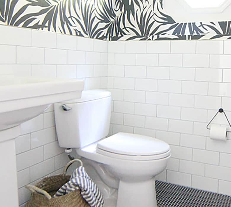 peel and stick black and white wallpaper in modern bathroom interior design