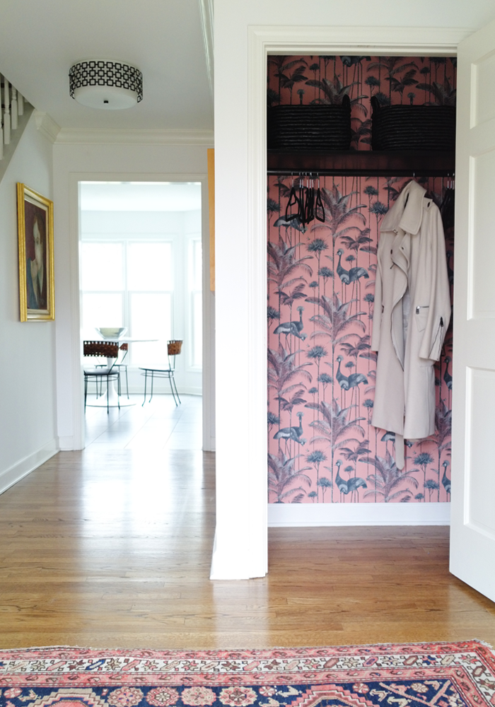 Add excitement to a closet by adding a wallpaper surprise before and after