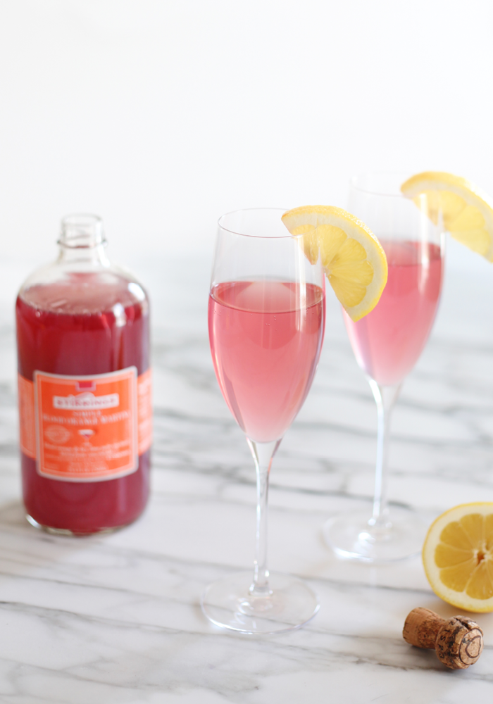 Blood Orange French 75 cocktail using Stirrings Blood Orange mixer.