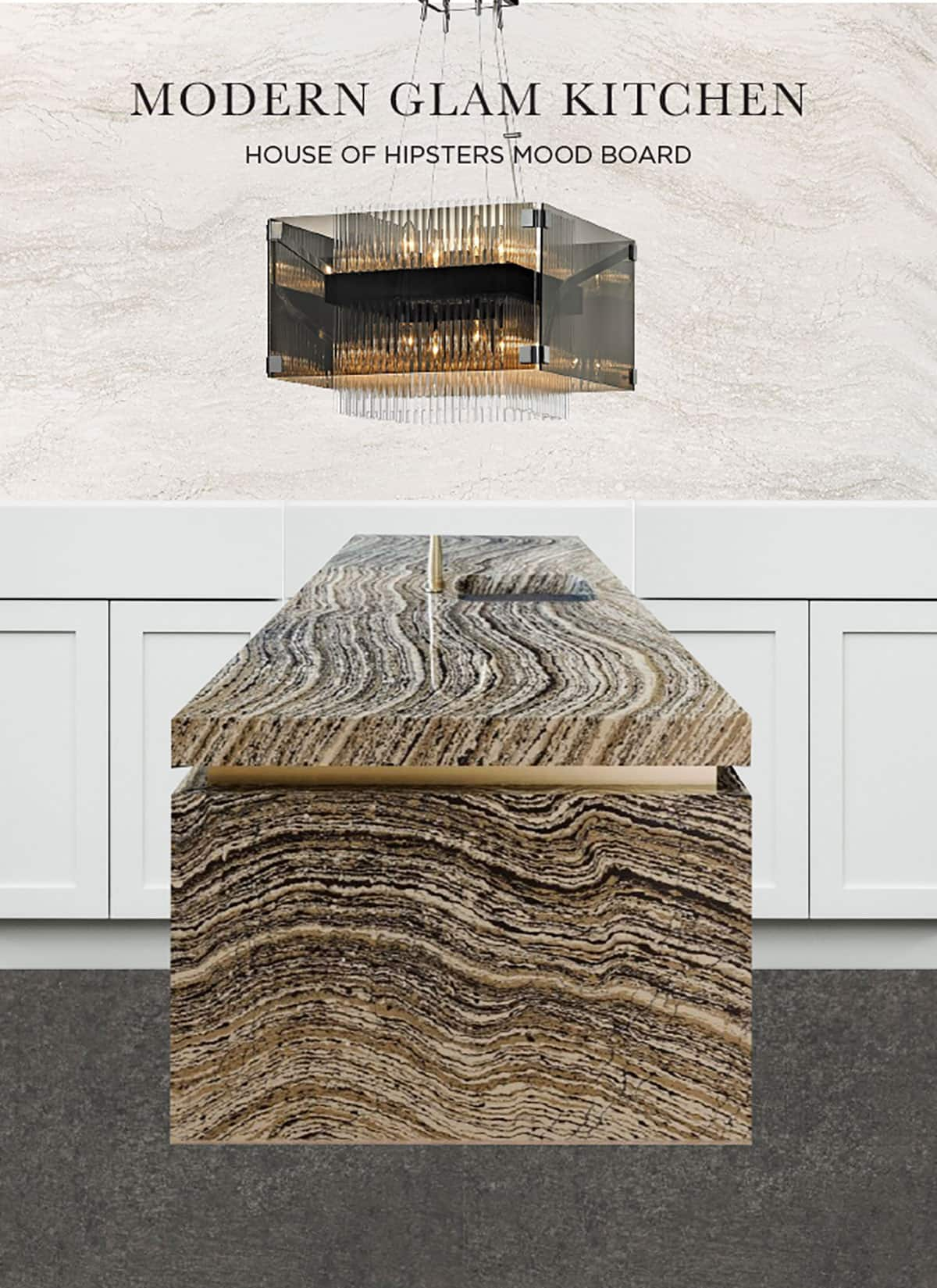 Modern kitchen mood board pre planning the renovation - designing a beautiful kitchen island made of quartz