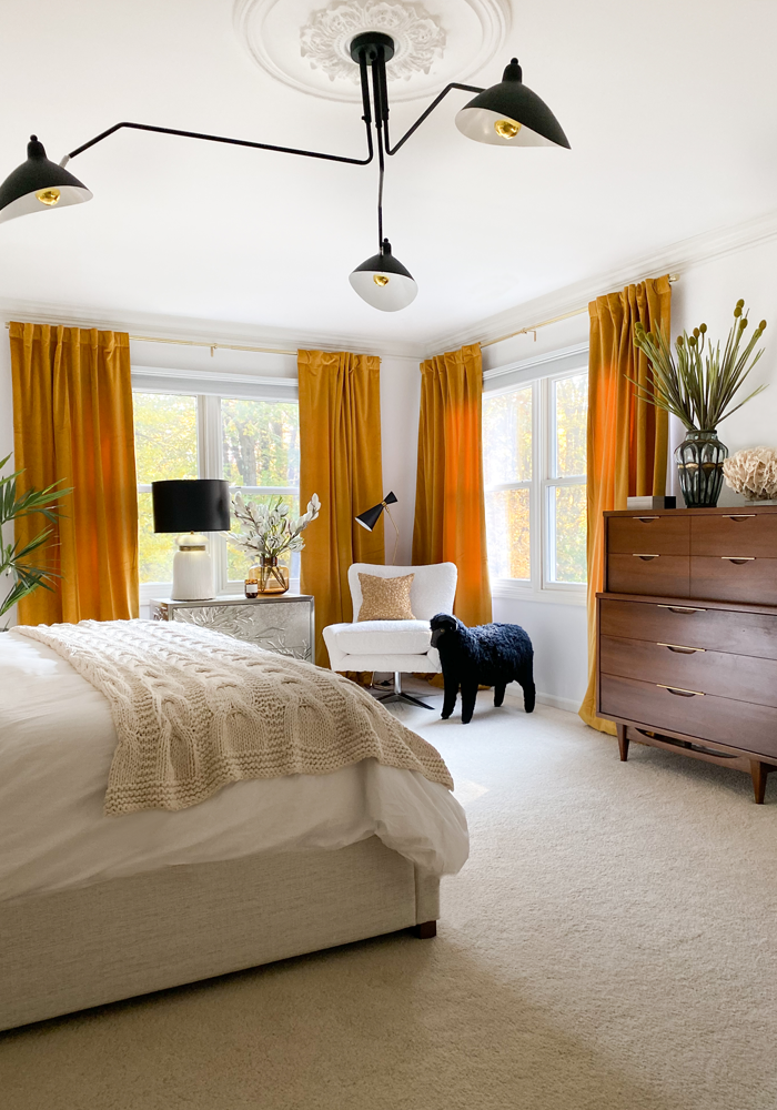 Before and after - modern bedroom makeover with neutrals and pops of gold and mustard yellow