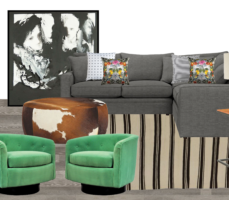 Basement home decor design ideas - gray, black, white, and green