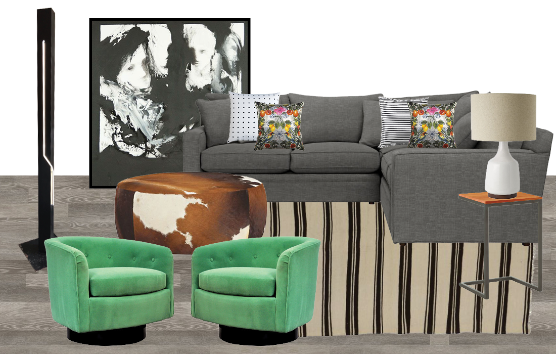 Basement home decor design ideas - gray, black, white, and green