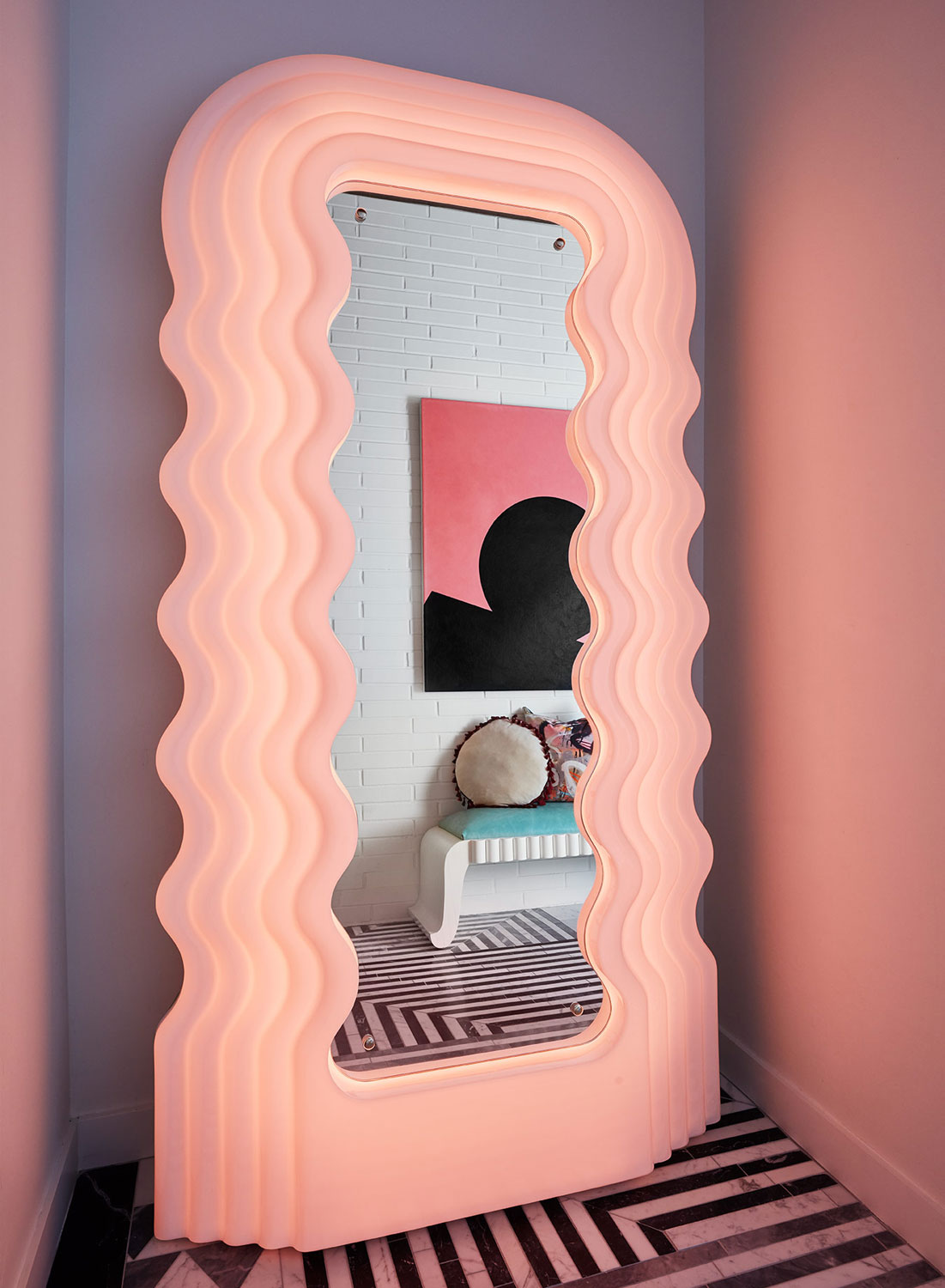 Ettore Sottsass floor mirror in Modern meets 80s home decor. Living Room. Live fearlessly with your home decor.