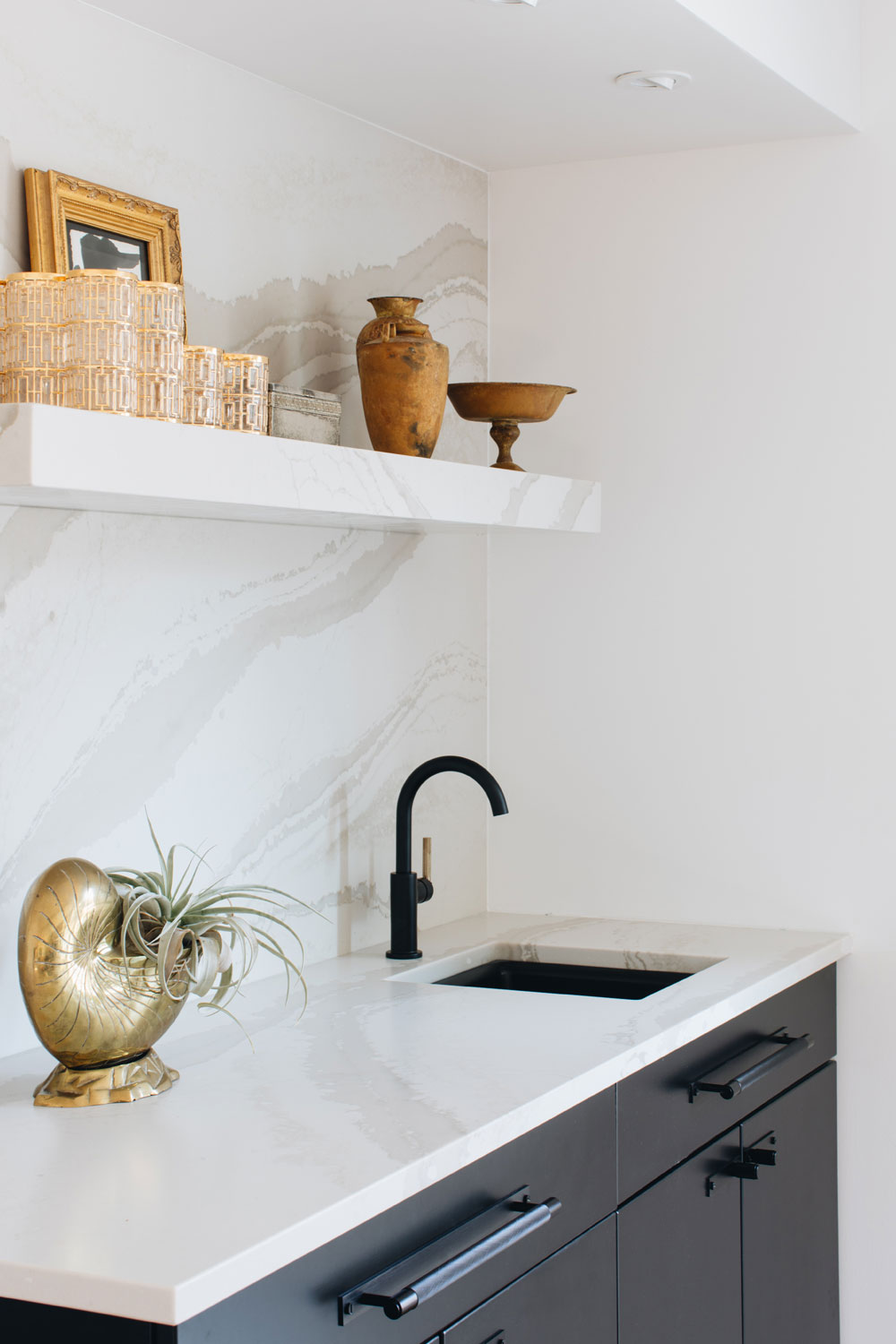 Modern Wet Bar with Floating Stone Shelf