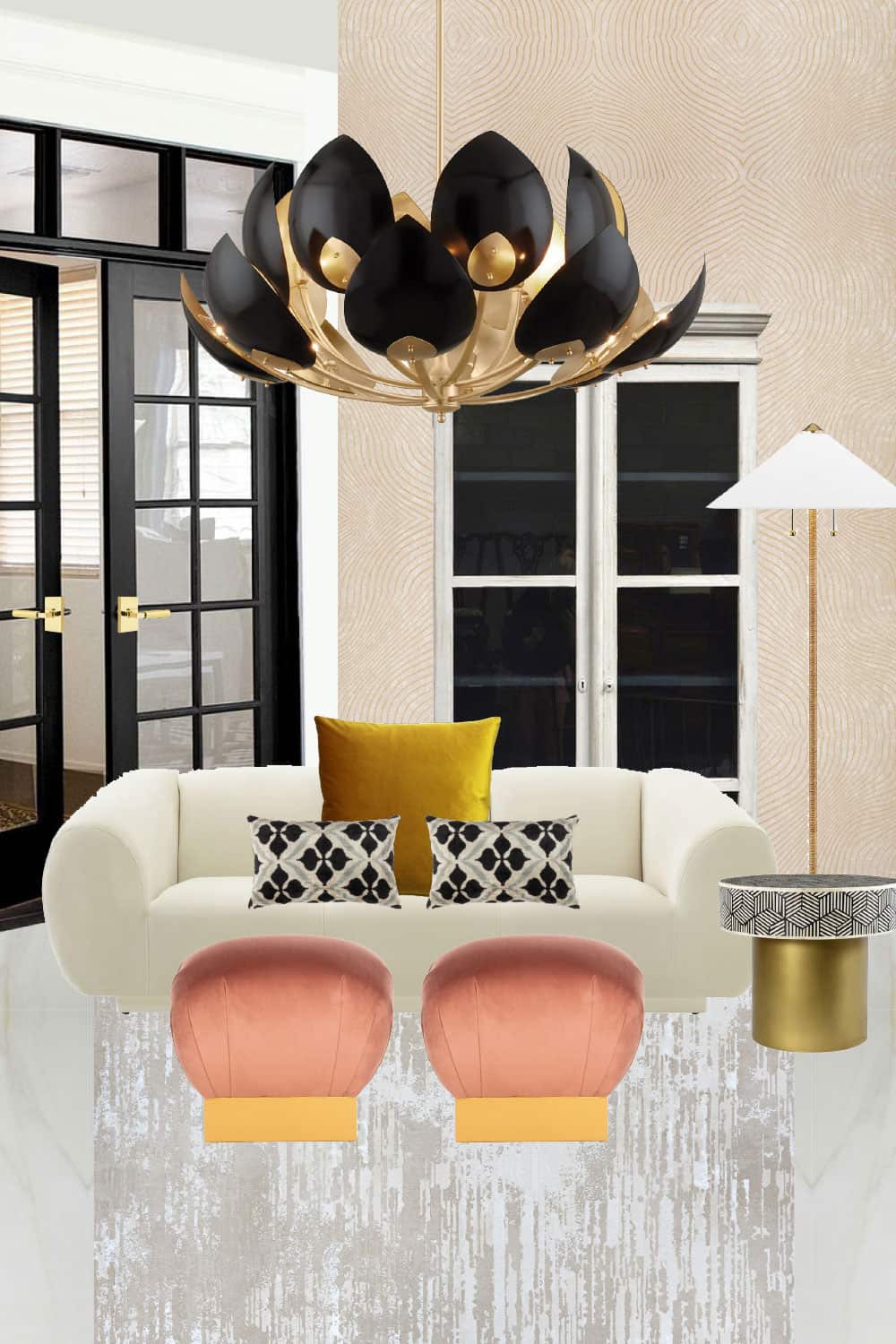 Home Office sitting area One Room Challenge - Mid Century poufs with brass base, modern ivory sofa, vintage cabinet, luxurious black lotus chandelier
