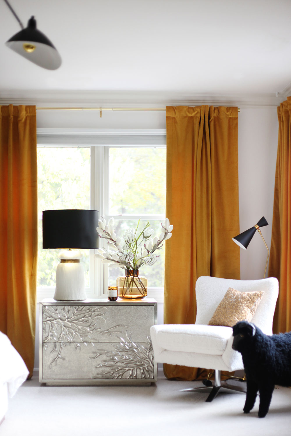 Gold Velvet Curtains Color Pop in Bedroom Makeover