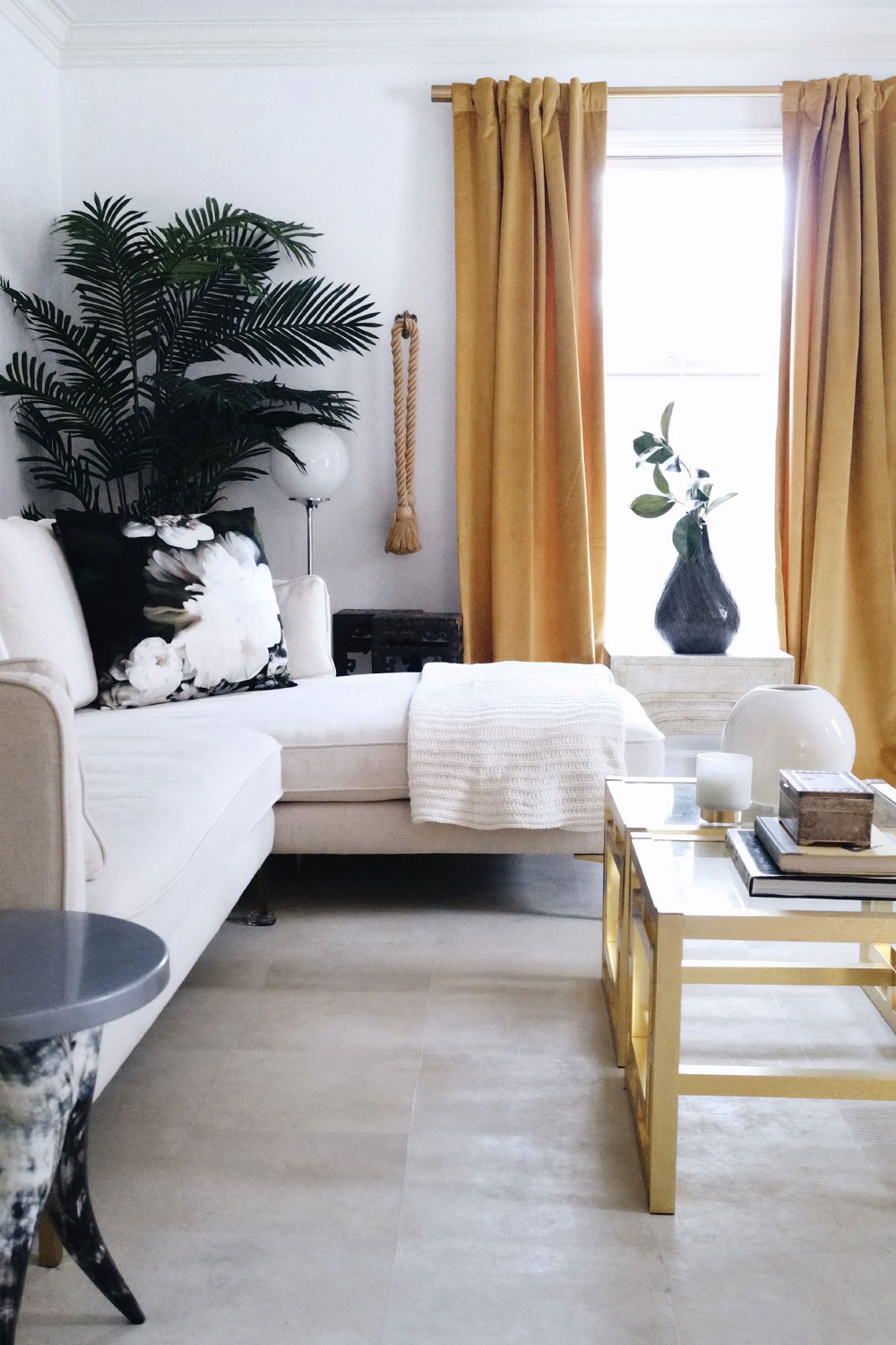 Gold Velvet Curtains Color Pop in Living Room Makeover
