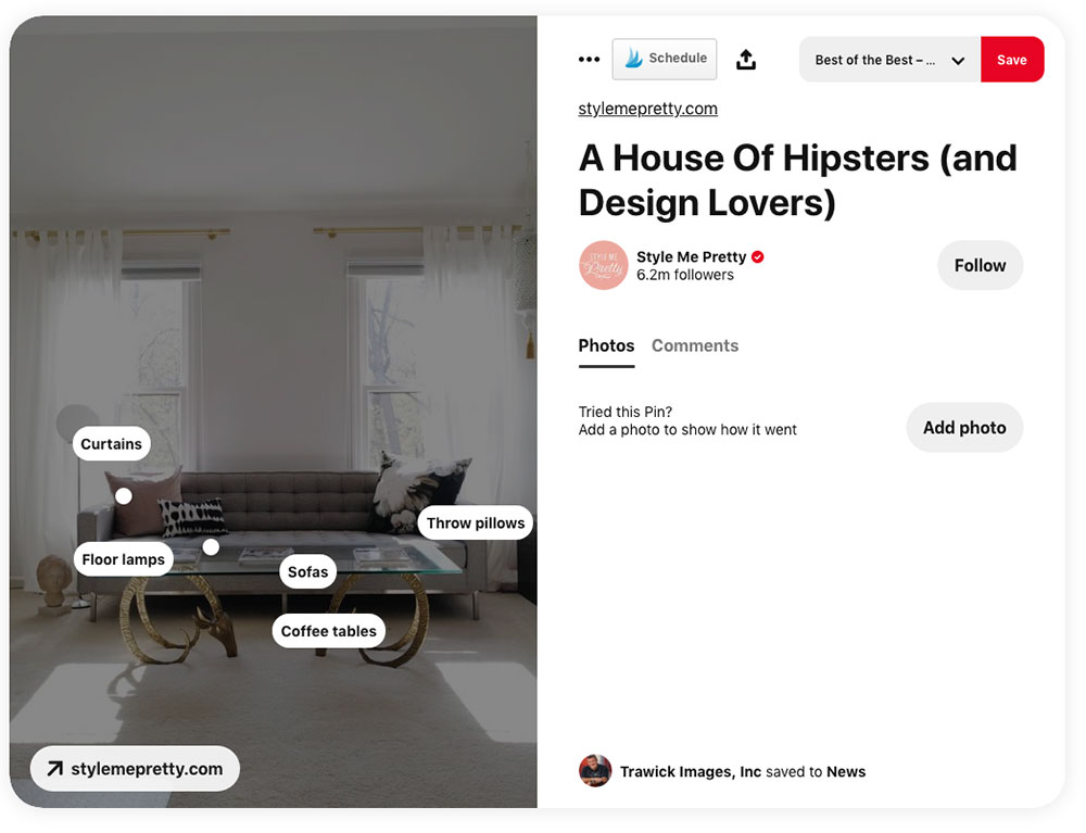 Pinterest shopping pin with auto tags for brand products