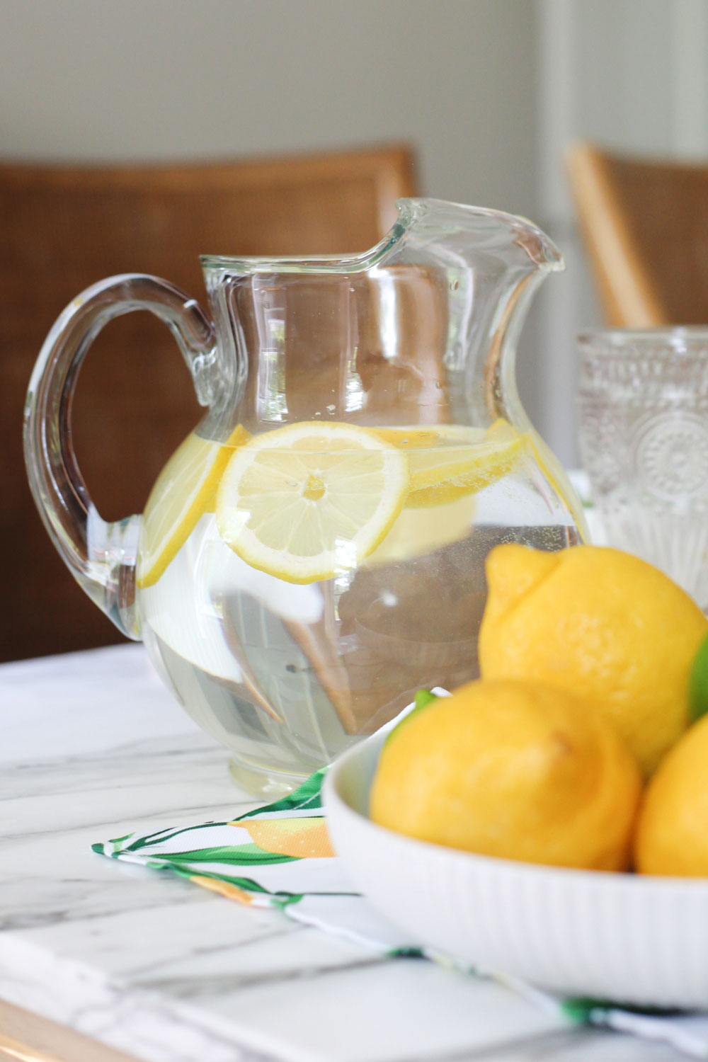 Classic Glass Pitcher filled with lemon water - perfect simple refresher
