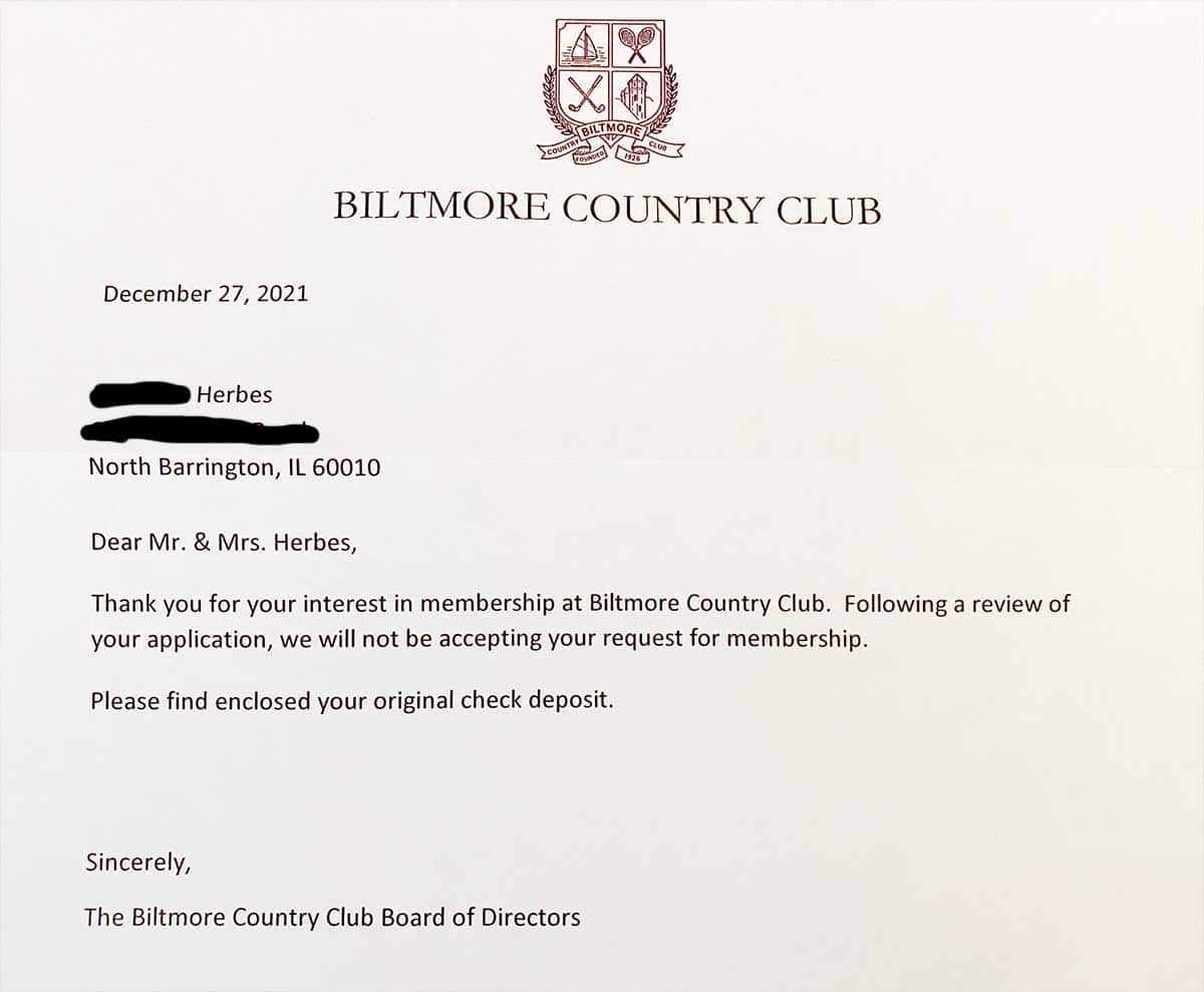 Biltmore Country Club letter of rejection for application