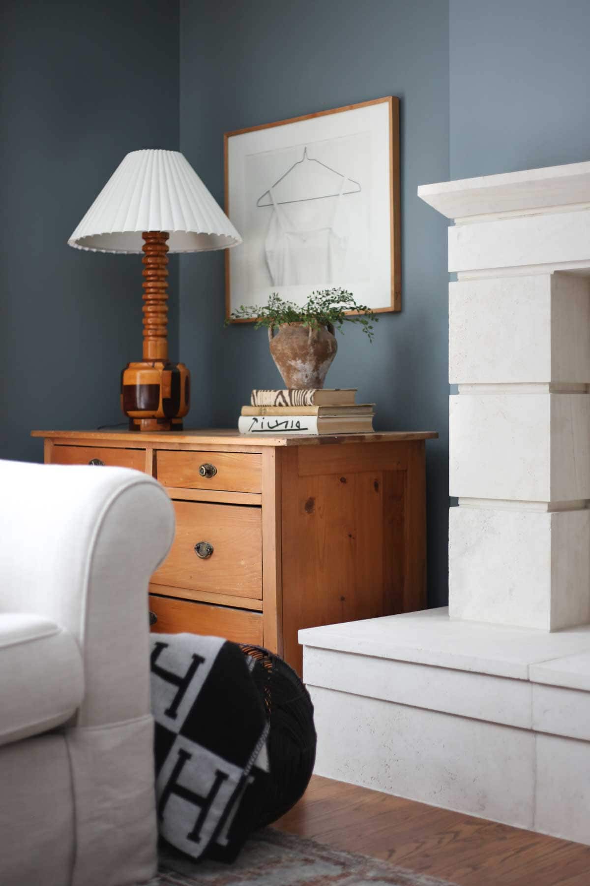 Farrow & Ball De Nimes paint in eclectic modern living room with vintage decor finds