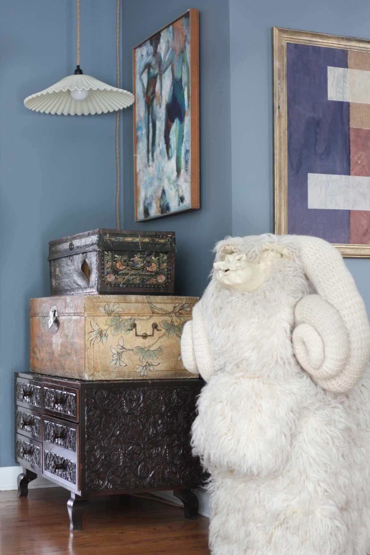 Farrow & Ball De Nimes paint in eclectic modern living room with vintage decor finds