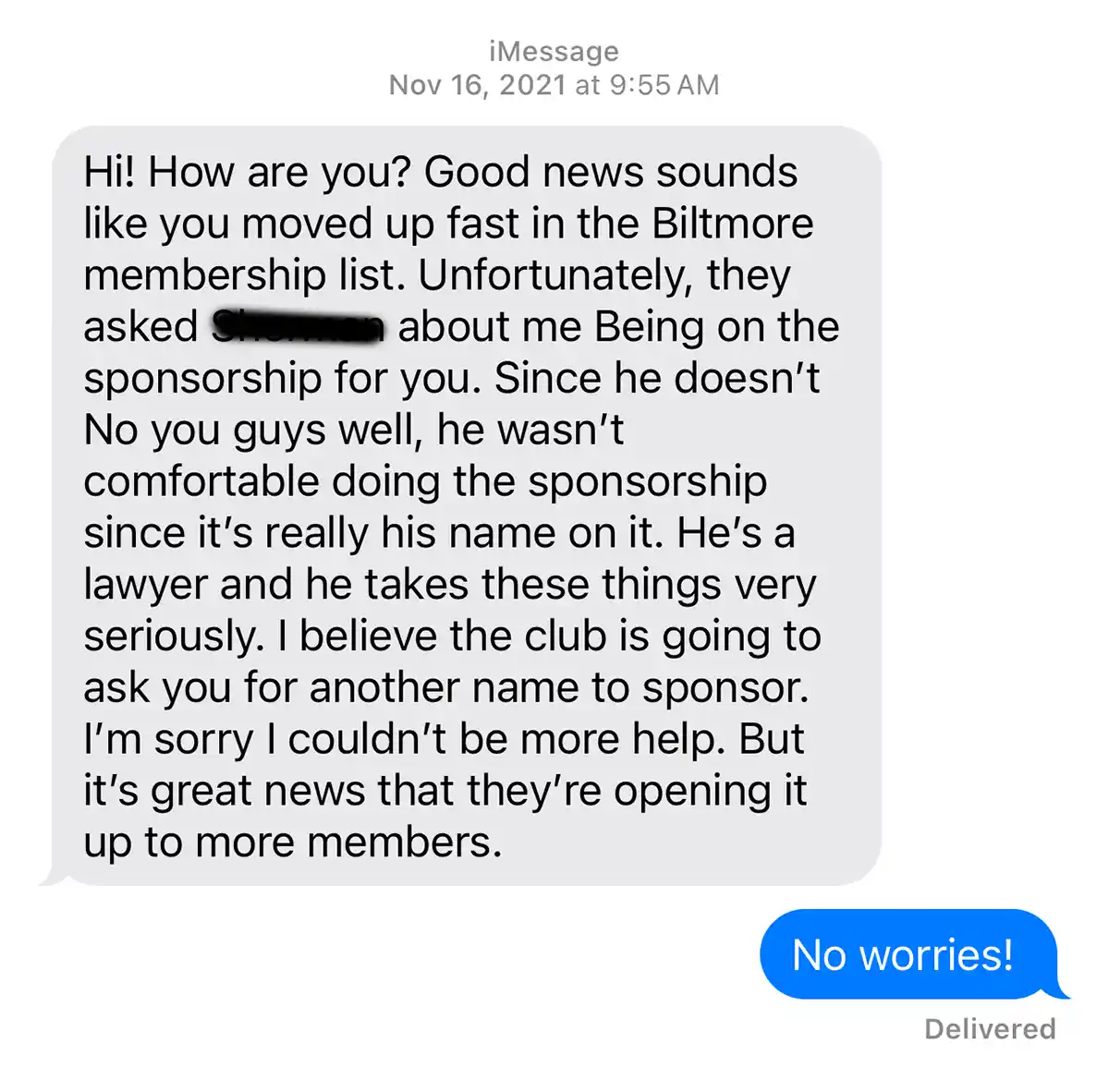 Text from my sponsor regarding membership application at Biltmore Country Club, Barrington, IL