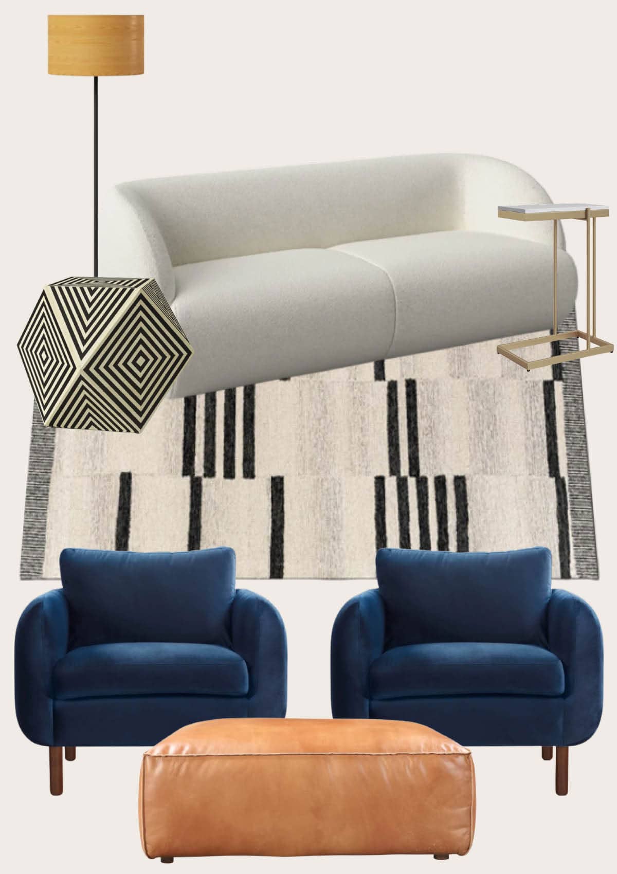 Virtual living room design with velvet blue modern chairs