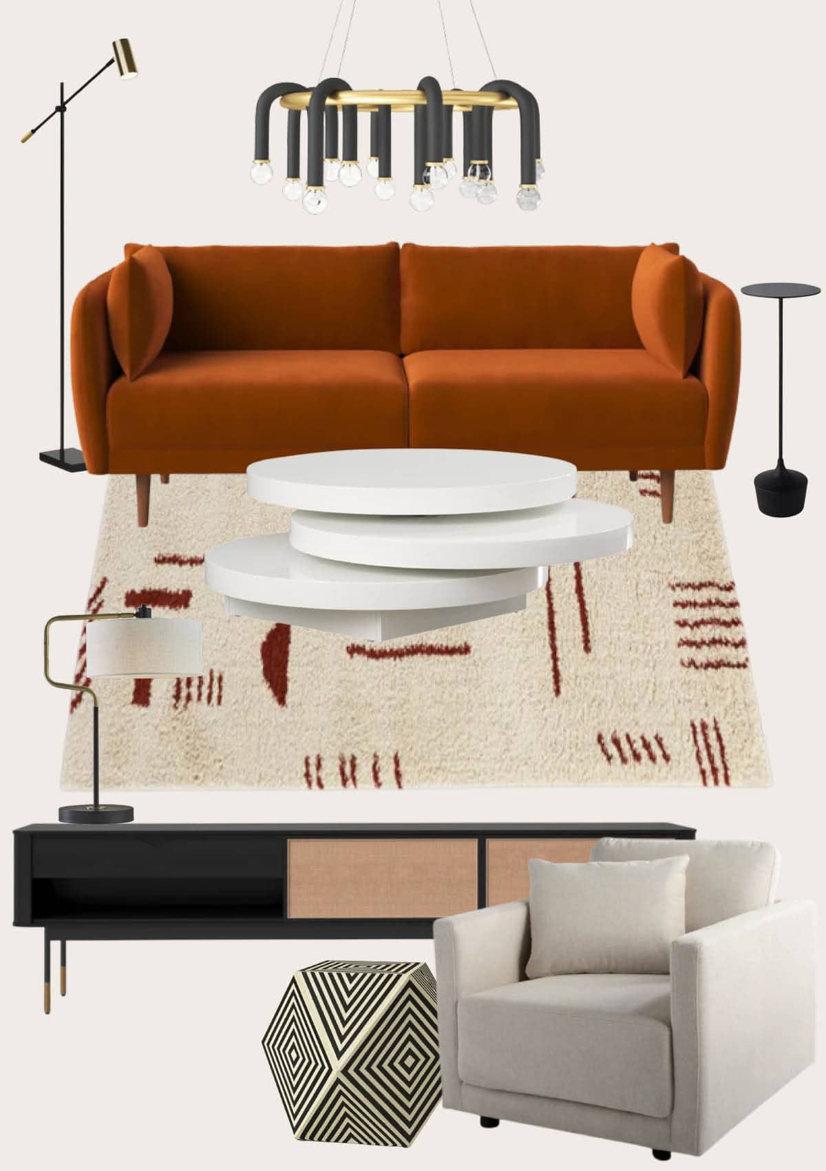 Virtual living room design with rust colored couch