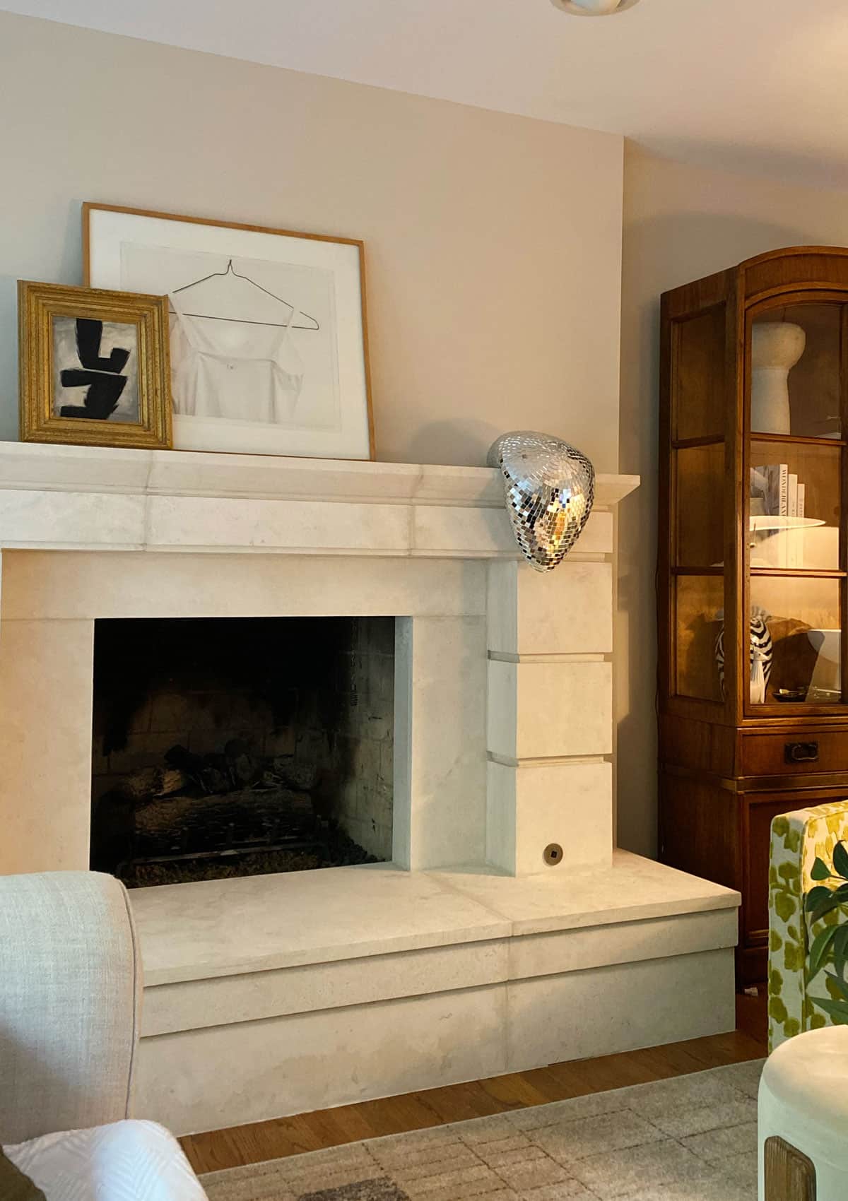 Eclectic Living Room with Limestone Fireplace