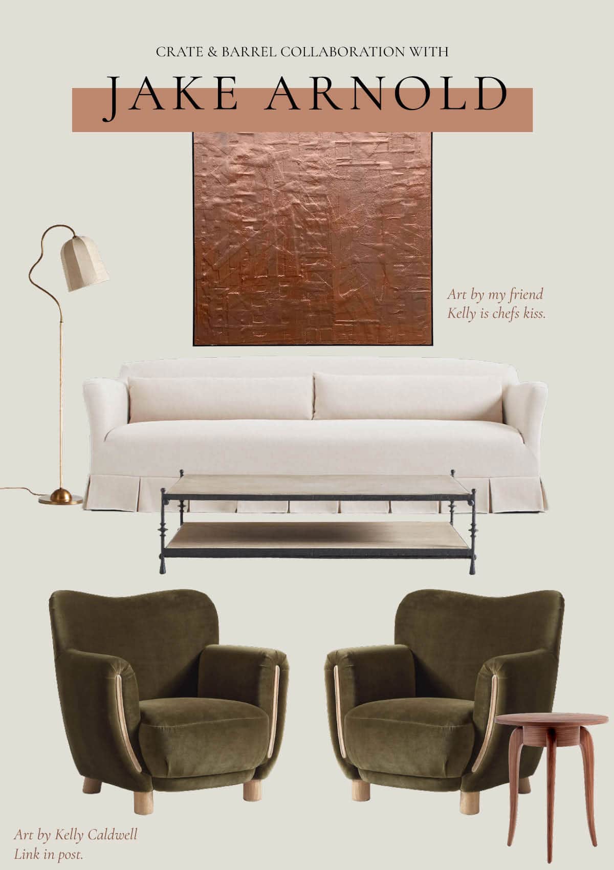 Gorgeous modern eclectic living room design mood board using the new Crate & Barrel collaboration with Jack Arnold.