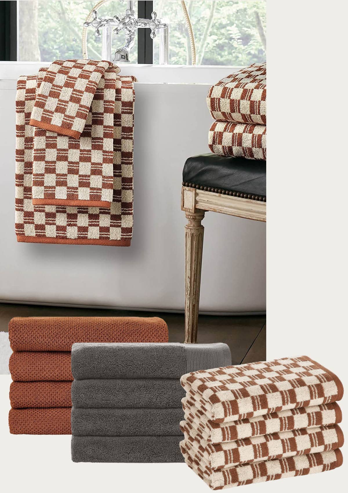 Nate Berkus Home Decor Bathroom Collection On Amazon - Trendy checkered towels for the bathroom in gray and rust