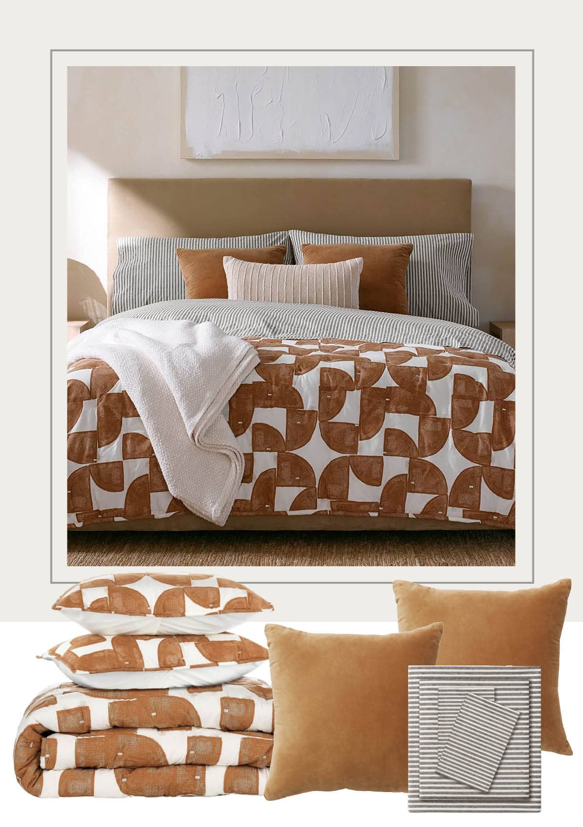 Nate Berkus Home Decor Bedroom Collection On Amazon - bold graphic print in a terra cotta rust color paired with gray and white striped sheets