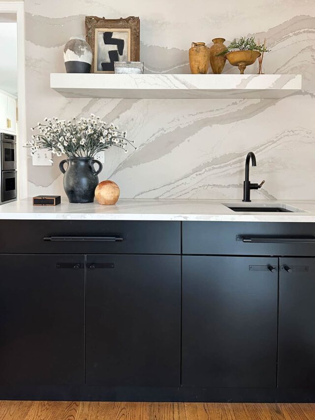 Floating Stone Shelf Wet Bar and Kitchen - Get a behind the scenes look at how we fabricated this quartz shelf