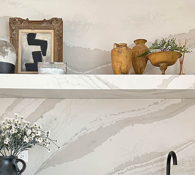 Floating Stone Shelf Wet Bar and Kitchen - Get a behind the scenes look at how we fabricated this quartz shelf