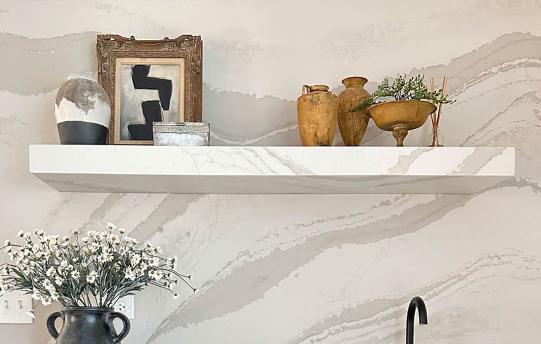Floating Stone Shelf Wet Bar and Kitchen - Get a behind the scenes look at how we fabricated this quartz shelf