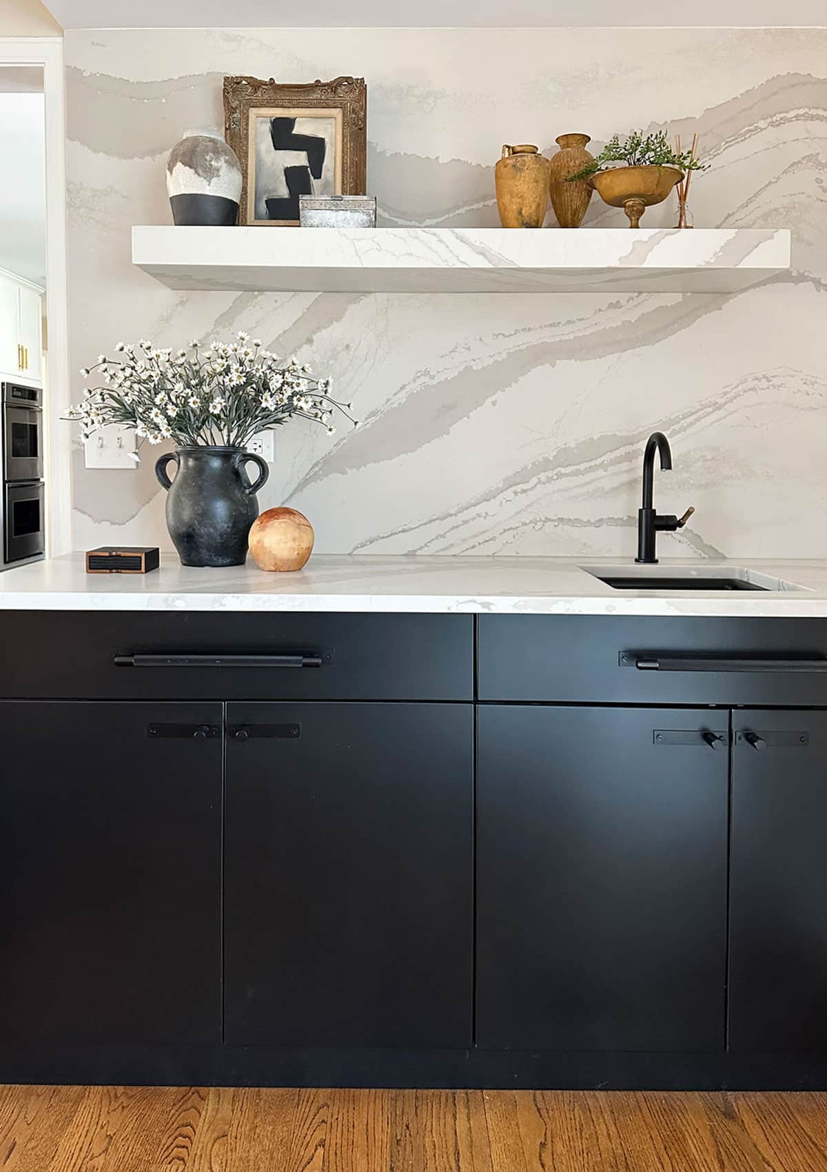 Floating Stone Shelf Wet Bar and Kitchen - Get a behind the scenes look at how we fabricated this quartz shelf