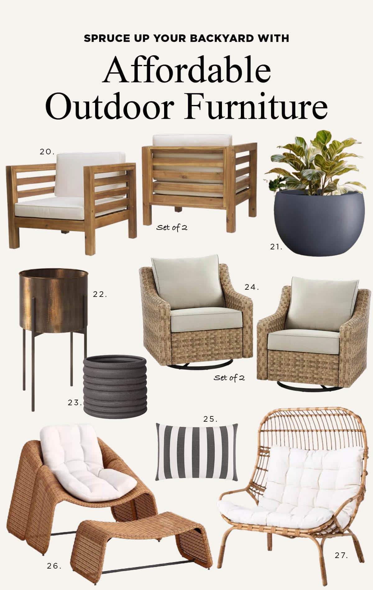 Find comfortable and affordable outdoor rocking chairs that swivel and glide, the outdoor egg chair I own and love, throw pillows, and planters, fire pits, and more.