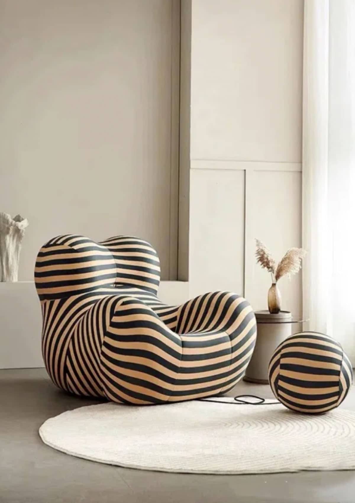 Modern Striped Chair with Ball Ottoman - Unique striped modern eclectic striped chair with ball shaped ottoman has a funky circus vibe.