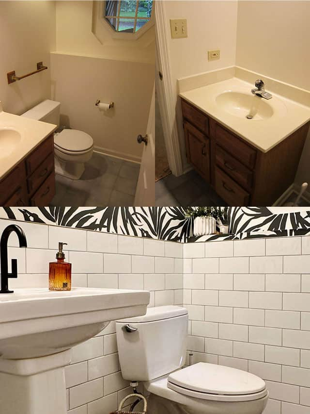 Black and White Bathroom Renovation Before and After - Transforming an old, outdated, boring bathroom and creating a stunning modern black and white bathroom with palm frond wallpaper and subway tile.