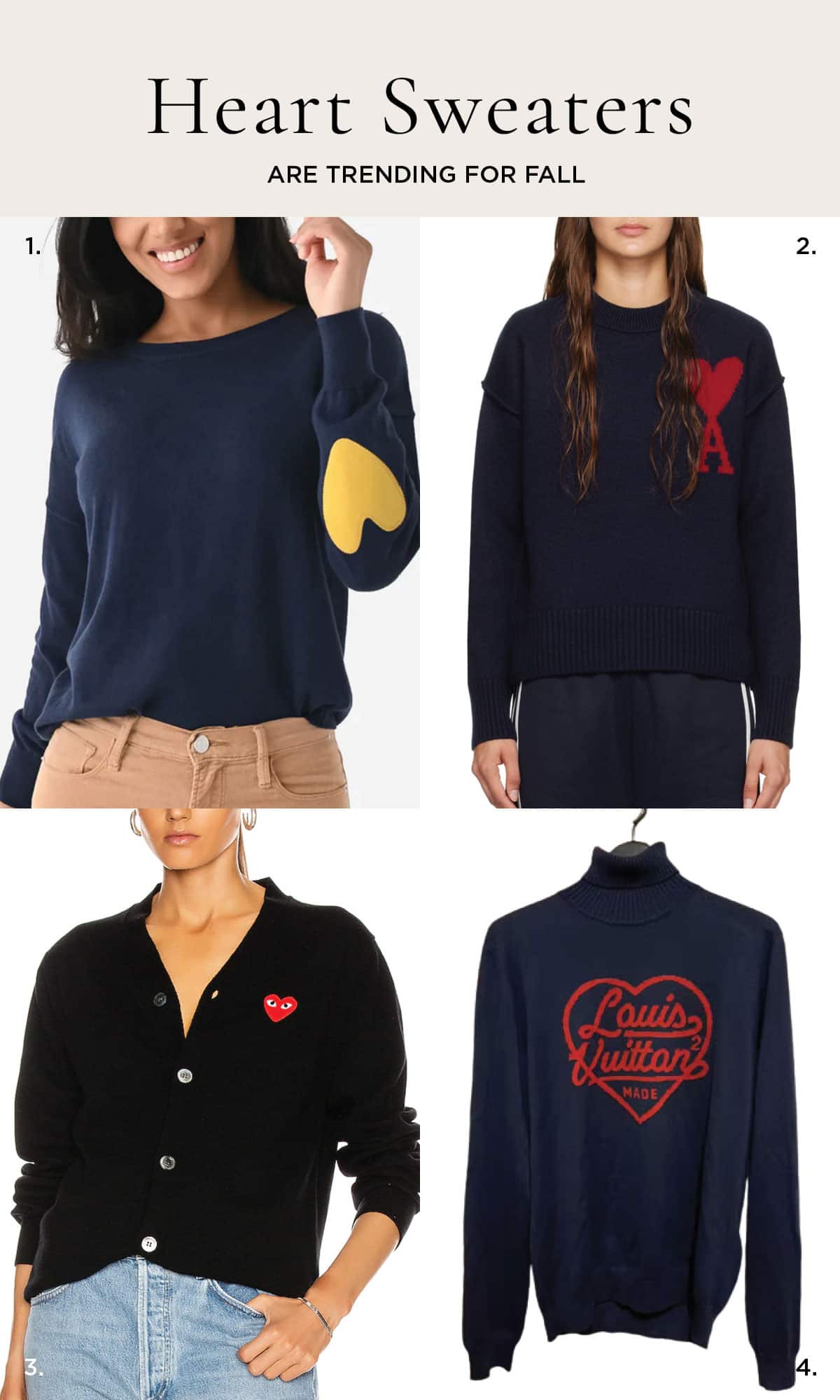Best Heart Sweaters Trending For Fall 2024 - Solid sweaters with small heart embellishment.