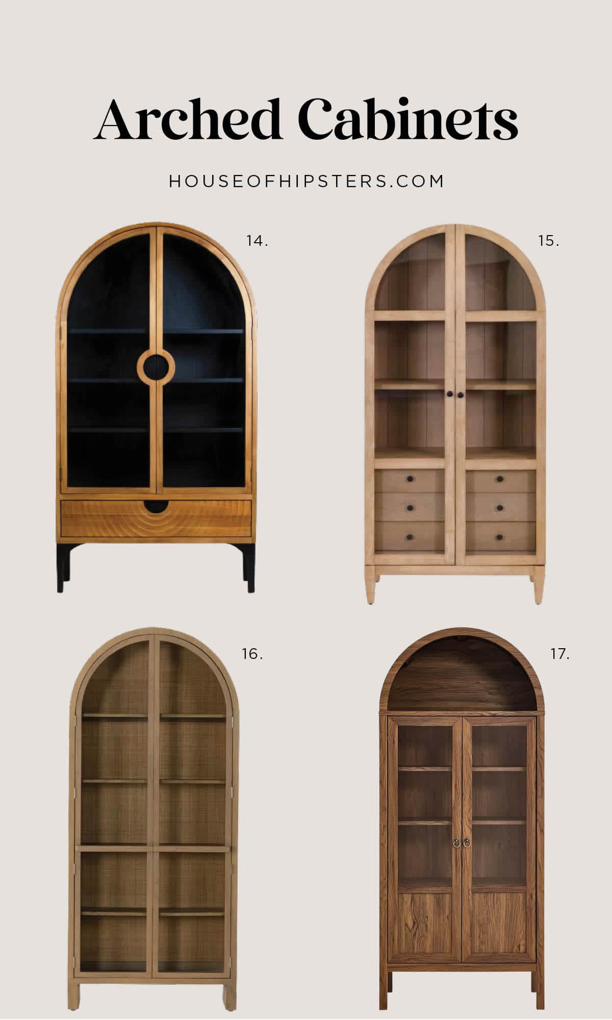 25 Stunning Arched Cabinets 2024 - Arched cabinets with glass doors and spacious storage to display a collection.