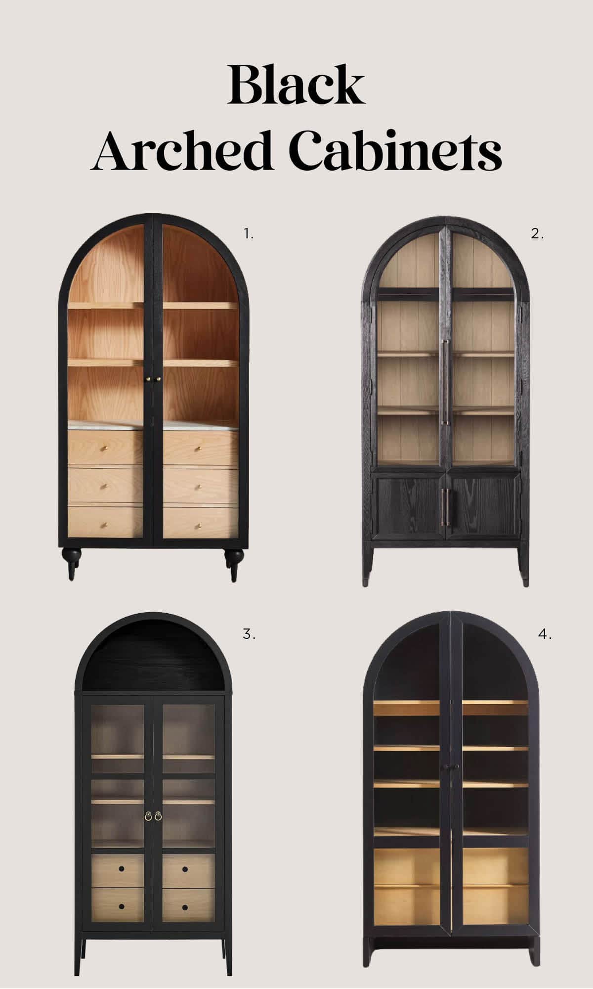 25 Stunning Arched Cabinets 2024 - These black arched cabinets with glass doors are trending in the interior design world and are perfect for displaying your collections.