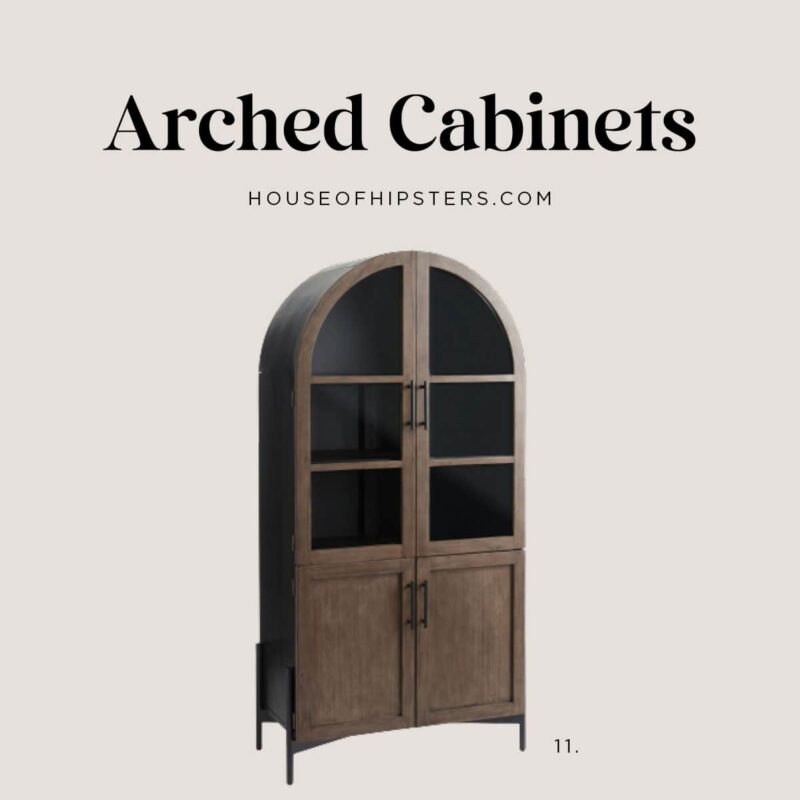 22 Stunning Arched Cabinets 2024 - Brown wood arched cabinet with glass doors from World Market
