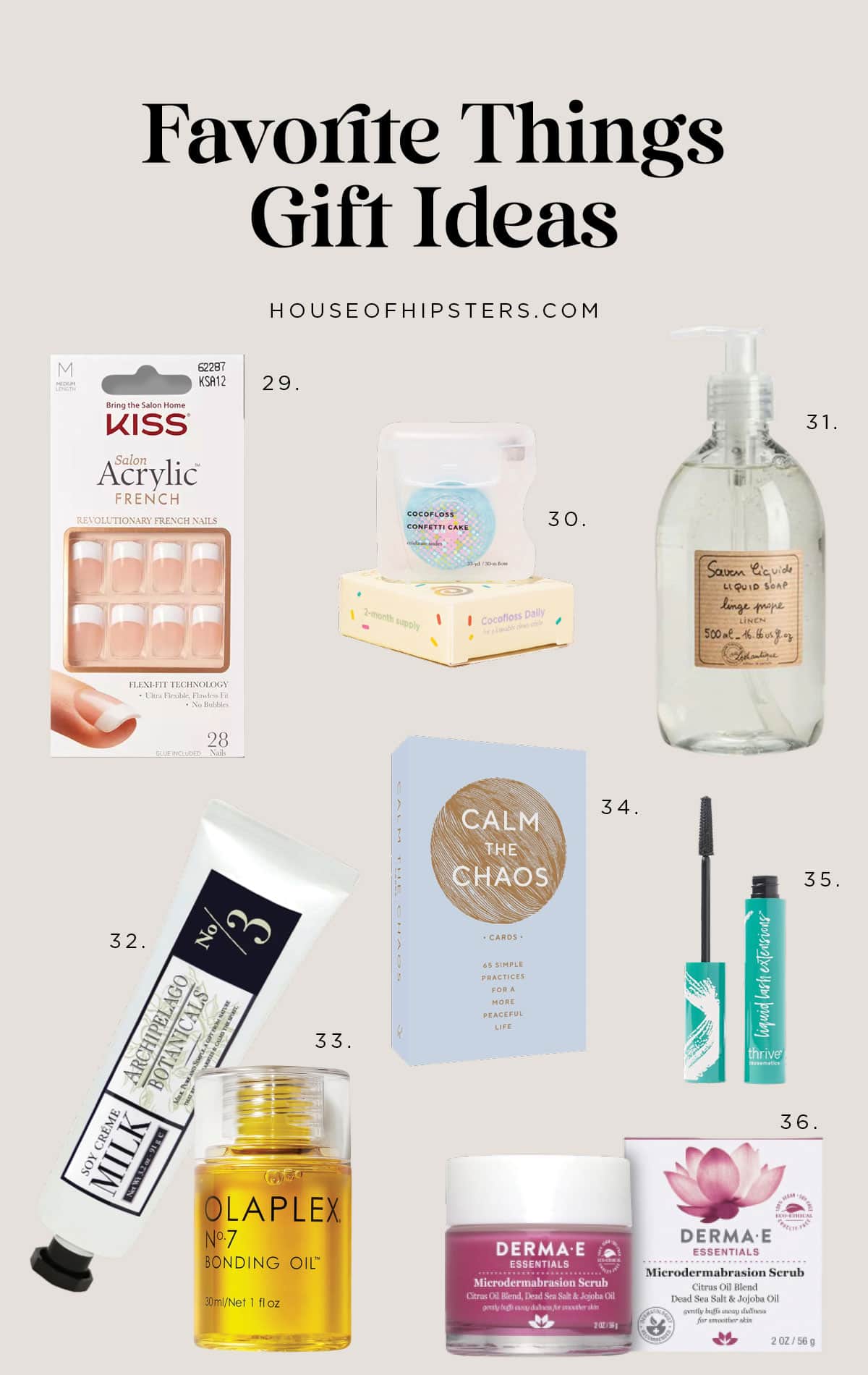 45 Favorite Things Gift Ideas for your next holiday party from press on nails to the best hand soap to mascara.