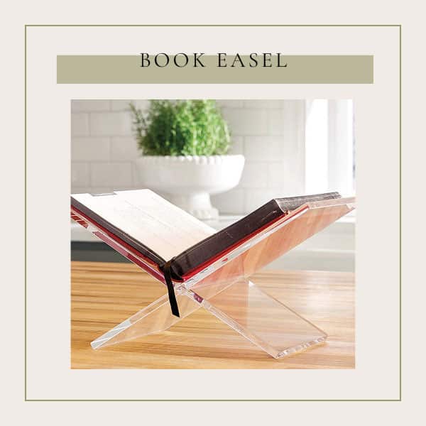 Best Cooking and Home Decor Gift For Her - I love this acrylic book easel styled in the kitchen and the coffee table