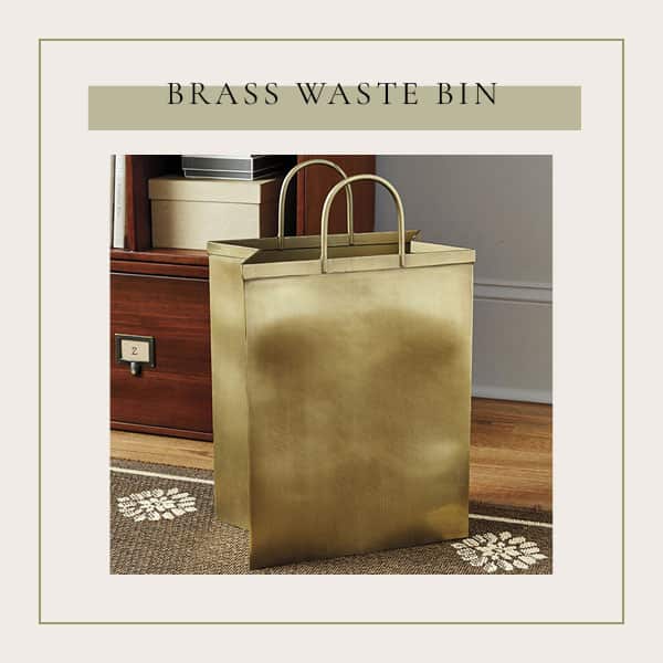 This brass waste bin by Bunny Williams is perfect for her home office.
