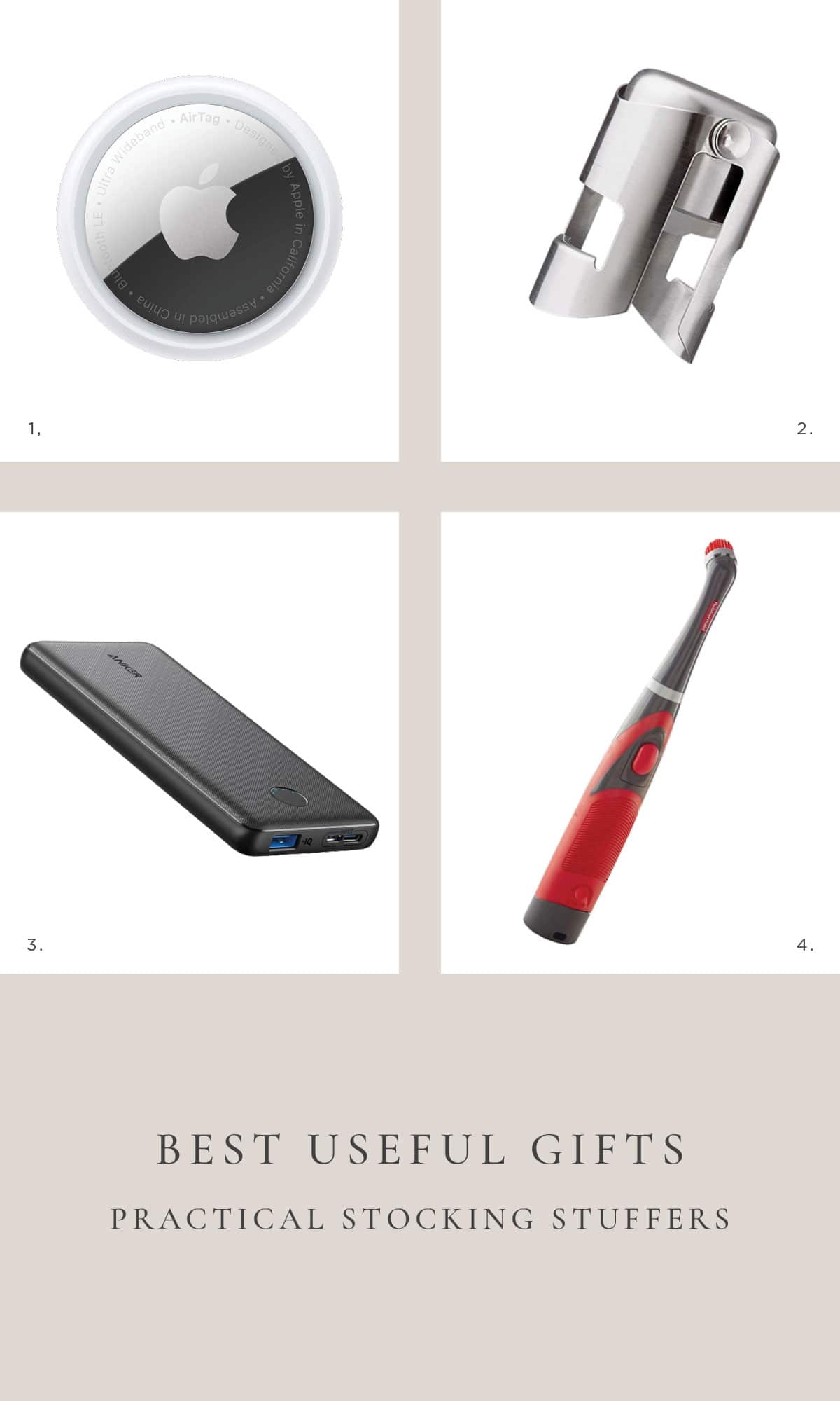 Useful Gift Ideas - The Practical Gift Guide. Useful gifts for stocking stuffers like the best phone charger, cleaning scrubber, and apple airtag