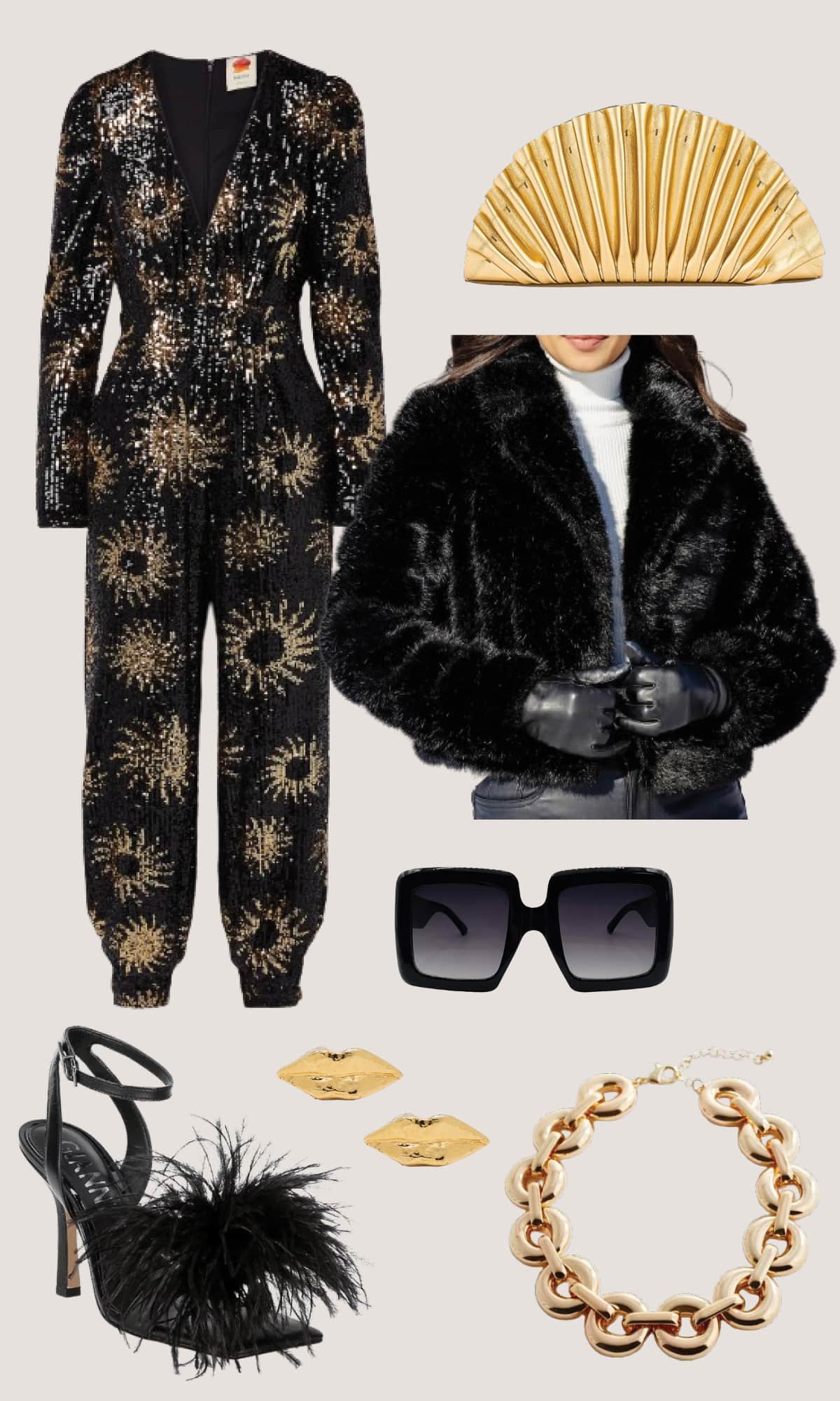 Mob Wife Aesthetic Fashion Trend Ideas - sequin jumpsuit, gold earrings and glam